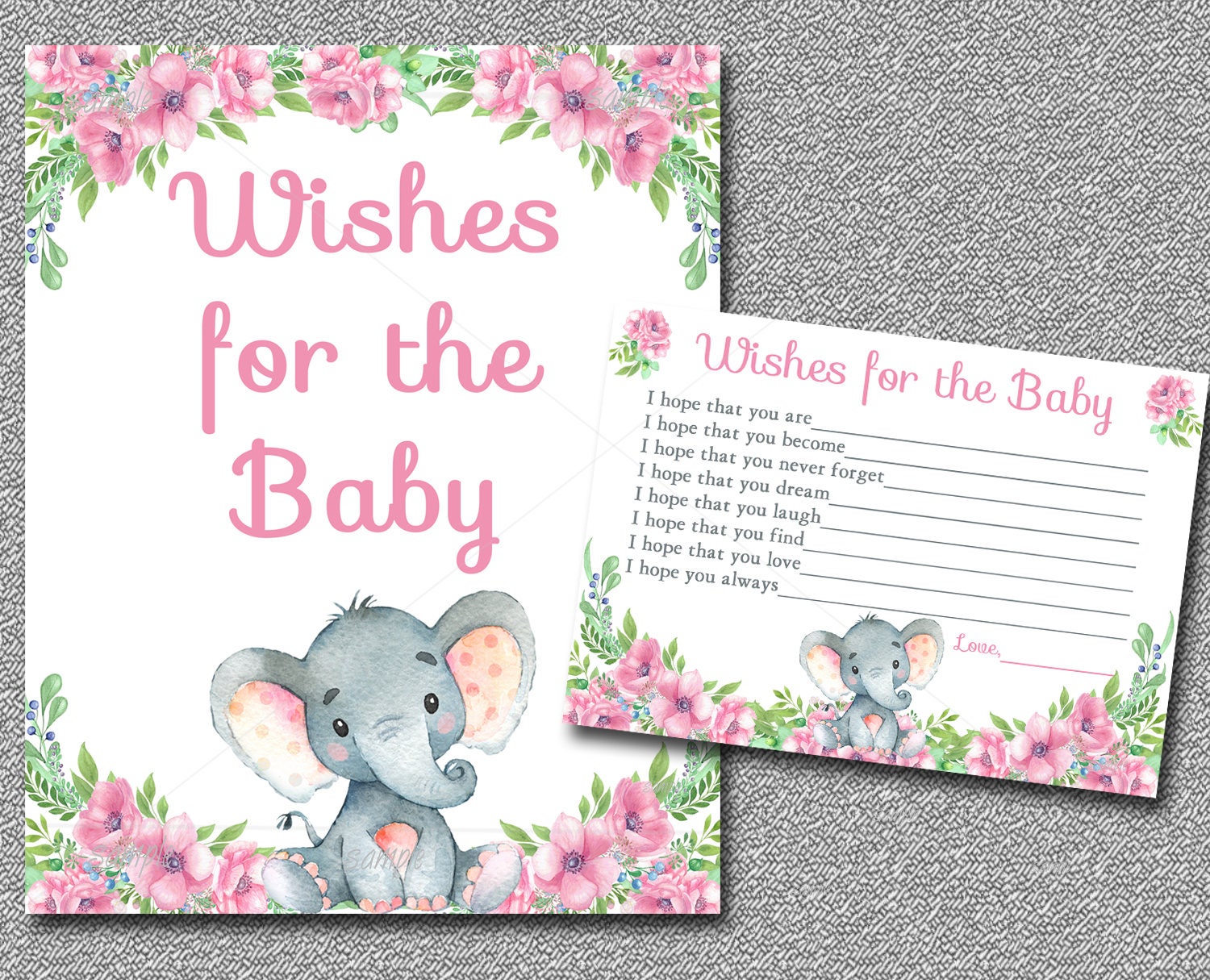 Pink Elephant Baby Shower Wishes for Baby Advice Cards and