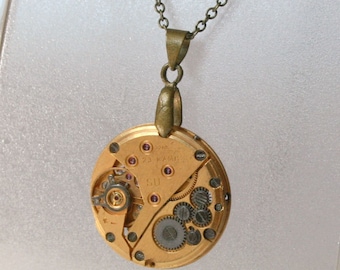 Gold Watch movement Steampunk Pendant , Steampunk Jewelry , Steampunk Jewelry , Clockwork Watch Movement Pendant