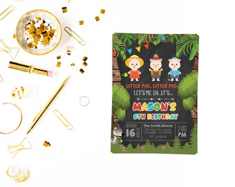 Cute 3 little pig invitation,Fairy Party Invite,Fairy Invitation, Enchanted Woodland ,Fairy Party,Fairy Invitation,Three Little Pigs