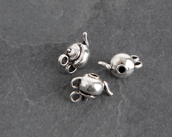 9 Antique Silver Teapot Charms, English Tea Time Metal Charms Destash