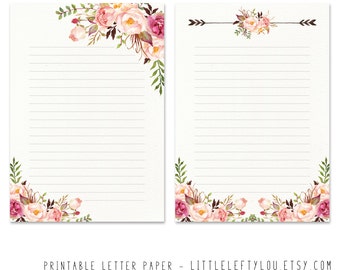 Printable Letter Paper Floral 2, stationery, writing, letter, stationary, A5, instant download, LittleLeftyLou, flowers, watercolor