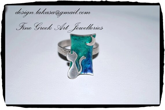 Ring Blue Green Enamel Cat Moon Sterling Silver Handmade Jewelry Fine Greek Art Best Gift Ideas for her Birthday Anniversary Romantic Woman