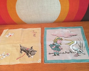 Vintage Pair of Handkercheifs, Burmel Original Scottie Dog Hankie and Girl with Pelican Handkerchief, Vintage Dog with Rhinestone Eyes