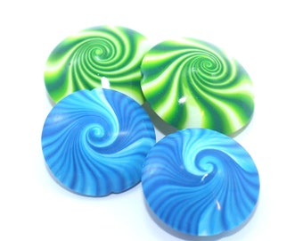 Artisan jewelry candy fashion accessory, swirls beads polymer clay lentil beads in greens-blue-white, unique pattern, set of 4 elegant beads