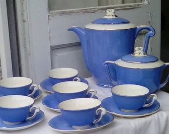 French vintage coffee set, semi-porcelain, blue and gold.