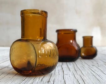 Collection of 3 vintage Bovril jars, beautiful shades of amber vintage packaging, vintage advertising. Collectable glass. Kitchenalia.