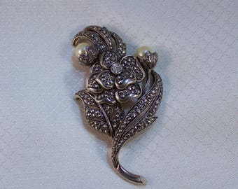 KJL for Avon Pearl and Rhinestone Flower Brooch, Silver Flower Brooch, Kenneth Jay Lane Avon