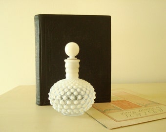 Fenton perfume bottle, opalescent moonstone hobnail milk glass, Wrisley vanity accessory, dressing table decor, cottage style collectible