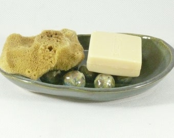Green Ceramic Soap Dish Spoon Rest Sponge Holder Scrubby Drainer Dish Guest Bathroom Decor Kitchen Decor Gift for Her