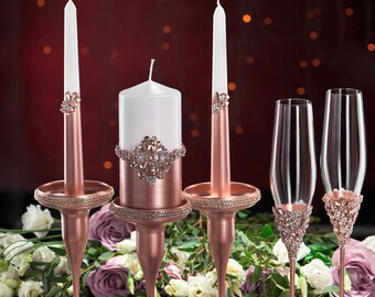 FAST shipping Unity candles and holders Glasses cake server set plate forks Rose gold Wedding champagne flutes cake cutting Set of 13