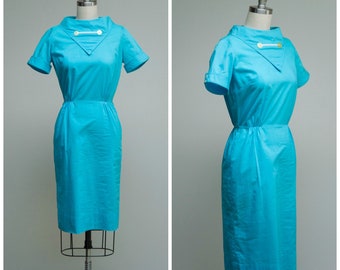 Vintage 1950s Dress • Bobbie Brooks • Turquoise Cotton 50s Sheath Dress Size XSmall