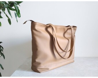 Laptop bag women, Vegan leather bag beige, Shoulder bag, Large tote ,Office handbag