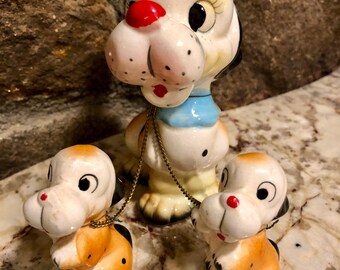 Vintage Japan Dog Figurine Set/Trio Dog Set With Chain/Mother And Puppies Dog Figurines