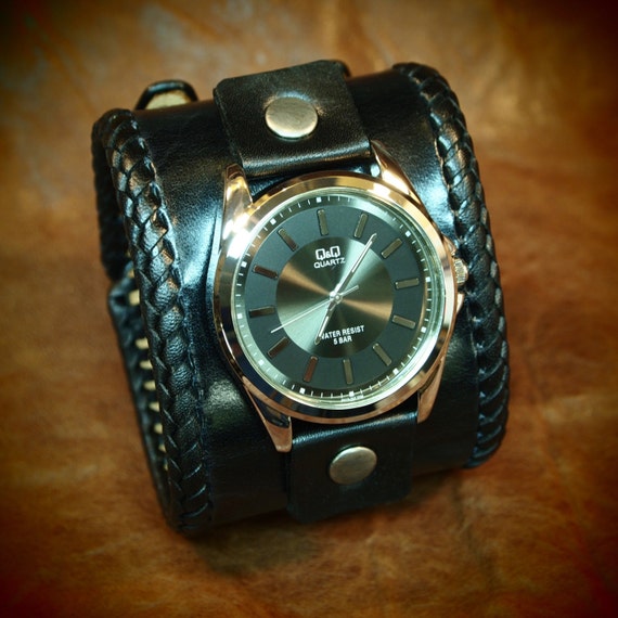 Leather cuff watch Black vintage style wide bracelet Best quality Made for YOU in USA by Freddie Matara!