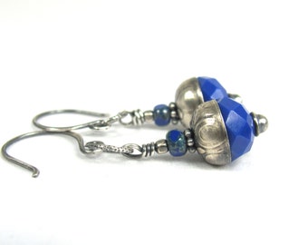 Royal Blue - Czech Glass, Sterling Silver, Hill Tribe Fine Silver Earrings