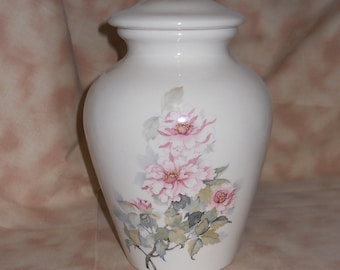 Ceramic Jar with Lid, Pink Flowers Medium Cremation Urn, Pet Ashes Jar, Cat Urn, Dog Urn. Youth Urn, Art Pottery, Handmade Funeral Urn