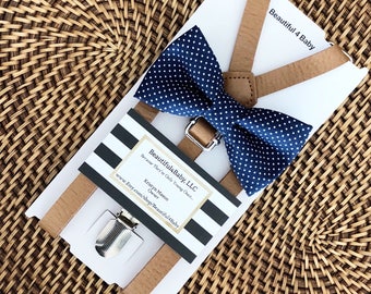 Navy Blue Bow Tie, Navy Toddler Bow Tie, Leather Suspenders, Navy Bow Tie and Leather Suspender Set- 6 Months to 5 Years Old