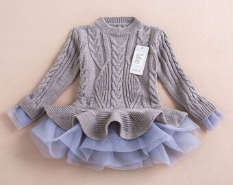 Autumn Grey Thick Warm Girl Dress Princess Knitted Winter Kids Sweater TuTu Dress children