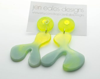 Contemporary handmade lime green and blue lambda earrings