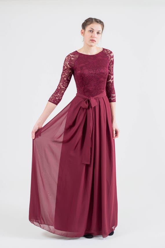 Long Burgundy Bridesmaid Dress With Sleeves Bridesmaid Dress