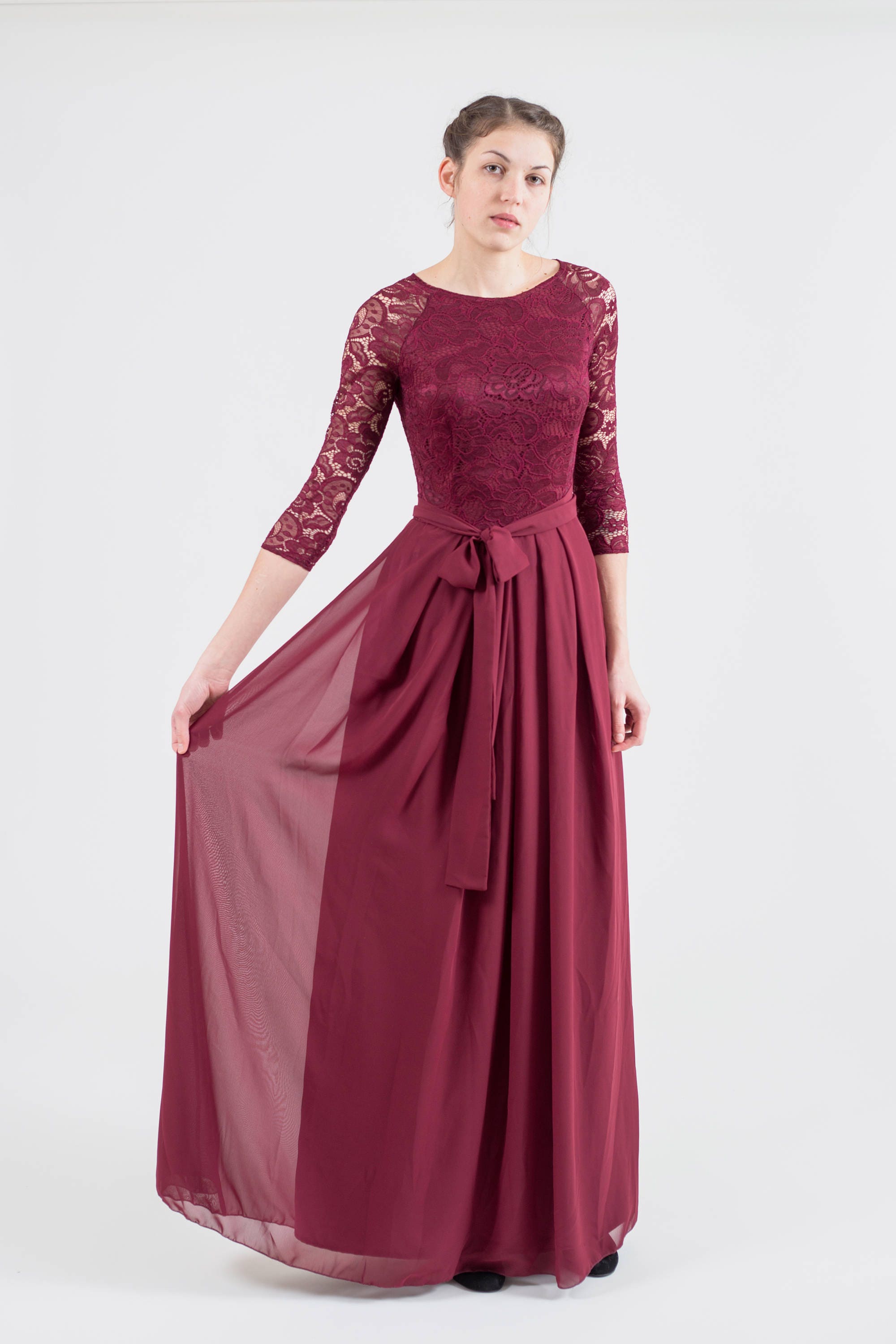 Long burgundy  bridesmaid  dress  with sleeves Bridesmaid  dress 