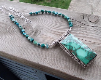 Long Necklace with a HUGE Natural Turquoise Pendant and accent Chrysocolla beads
