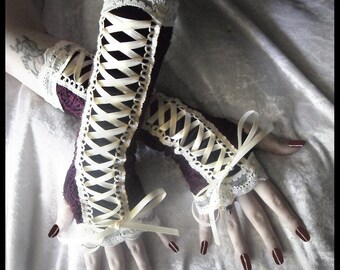 Of Mist And Midnight Skies Victorian Corset Laced Up Arm Warmers | Black Velvet | Deep Plum Maroon Lace - Ribbon - Vampire Gothic Wedding