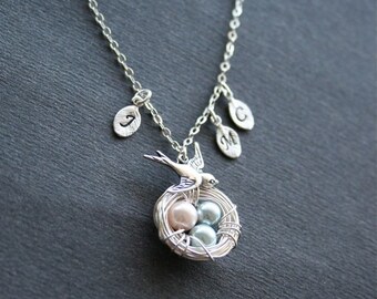 Bird Nest Necklace, Silver Bird Necklace, Pink and Blue Eggs, Mother Bird Nest, Nest Necklace, Three eggs, Monogram Jewelry, Sterling Silver