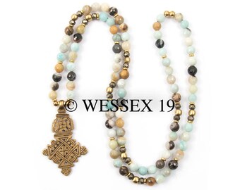 Amazonite Necklace | Ethiopian Cross Necklace | Boho Necklace | African Necklace | Coptic Cross Necklace | Long Beaded Necklace