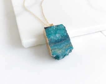 Teal Druzy Necklace. Geode Necklace. Druzy Jewelry. Stone Necklace. Teal Aqua Gold Necklace. Chunky Necklace. Gift.