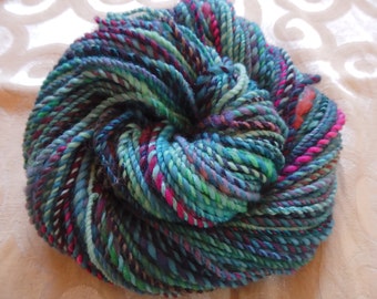 Blue Fuschia Flourish handspun art yarn with merino, angora, sparkle and alpaca locks, 100 yards