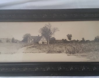 Pen and Ink Drawing Mounted on Board Cottage By Pond
