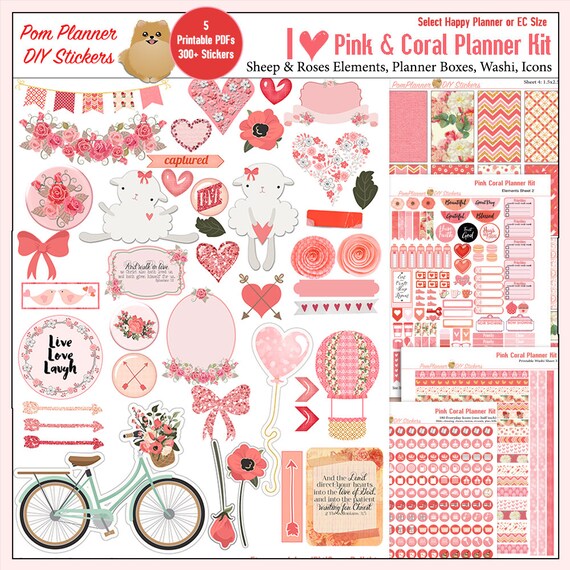 planner kit printable stickers kit in pink coral roses