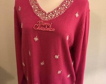 Christmas tacky ugly pink sweater size large with snowflakes and beads