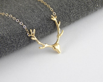 Gold deer necklace, reindeer necklace, trophy necklace, statement necklace, minimalist gift for her, v necklace, 290