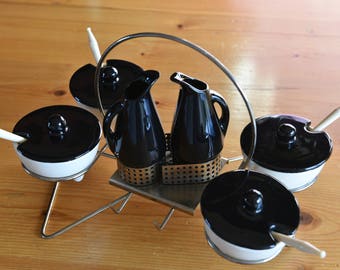 MCM Rotating Condiment set / black and white / USA Pottery with punched metal rotating caddy