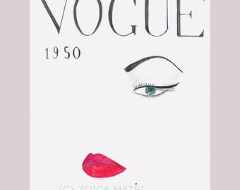 Print Watercolor Pink Lips 1950's Vogue Poster Fashion
