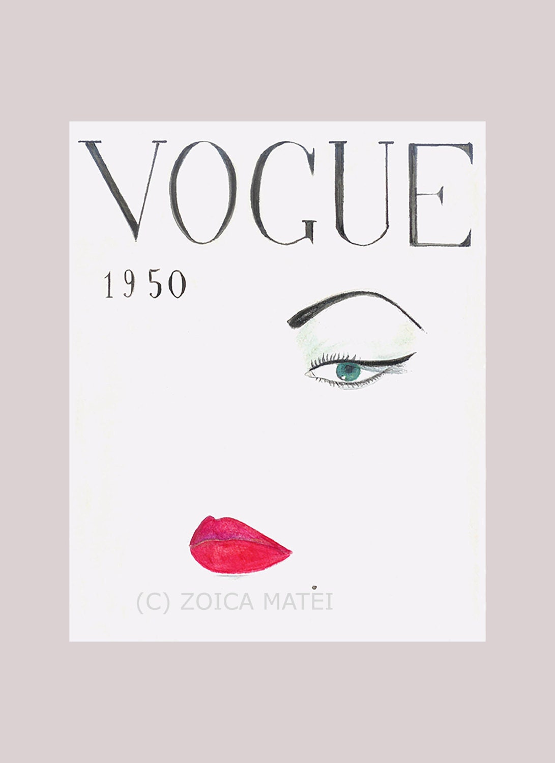 Watercolor Vogue Face 1950 Fashion Illustration Vogue Cover