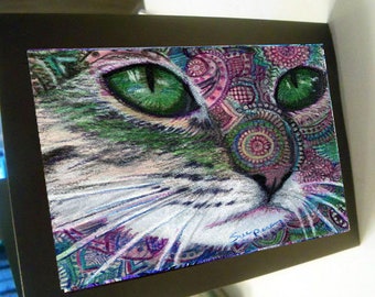 greeting card print of original art- cat rosy green Zentangle spirit animal