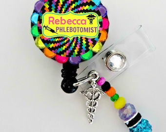 Retractable ID Badge Reel - Personalized Rhinestone Phlebotomist Badge ID Reel - Medical- Phlebotomy (E266)