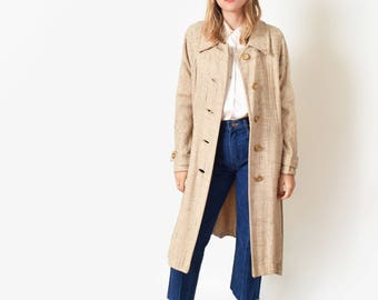 1960s Raw Silk Trench Coat 60s Vintage Beige Silk Duster Coat XS S M