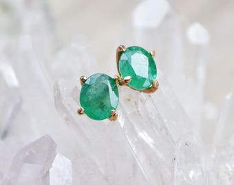 emerald stud earrings /// 6x4mm untreated brazilian emeralds set in 14k gold-fill prongs /// gemstone studs • may birthstone • gift for her