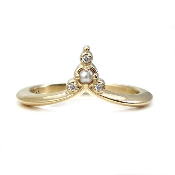 Seed Pearl & Diamond Cluster Ring - 14k Gold Stacking Pointed Wedding Band