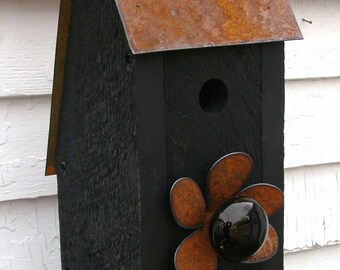 Rustic Country Birdhouse, Recycled Metal & Wood Bird House Vintage Black Door Knob Metal Rusty Flower