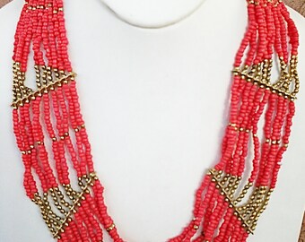 Coral and Gold Statement Necklace / Multi Strand Necklace / Beaded Necklace.