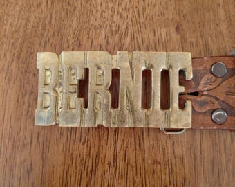 Brass 'BERNIE" Buckle and Tooled Leather Belt - Southwestern - Rodeo Wear - Embossed Rawhide Leather Belt in Cognac Brown