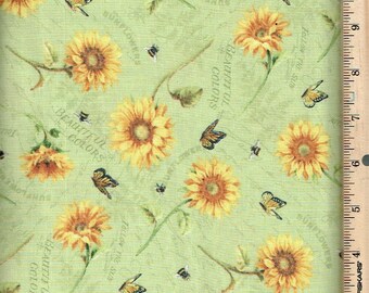 Follow the Sun, Sunflowers,w/ Bees,Butterflies on light sage ,Wilmington