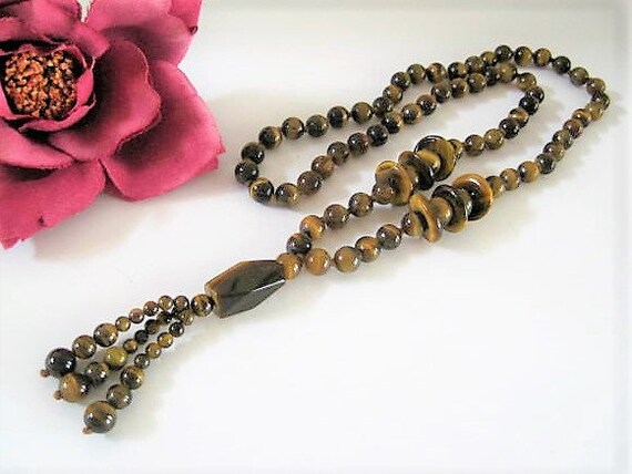 Tiger Eye Necklace, Glass Beads, Tassel Bottom