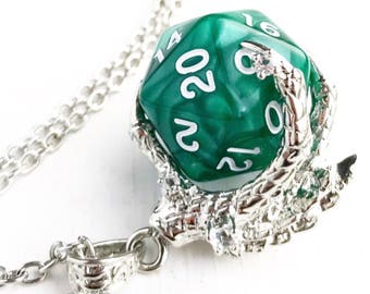 D20 Dungeons and Dragons Inspired D20 Dice Dragon Claw Pendant Necklace Green Polyhedral Gaming Nerd Lover Gift Dungeon Master Gamer Gift