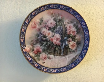 W.S. George, Plate, Collectible, Decorative Floral Plate, Roses, Lena Liu Basket Bouquets, First Issue, Signed